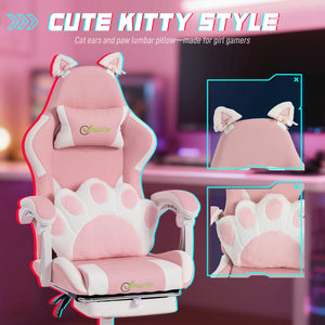Gaming chair with cat ears and footrest, pink
