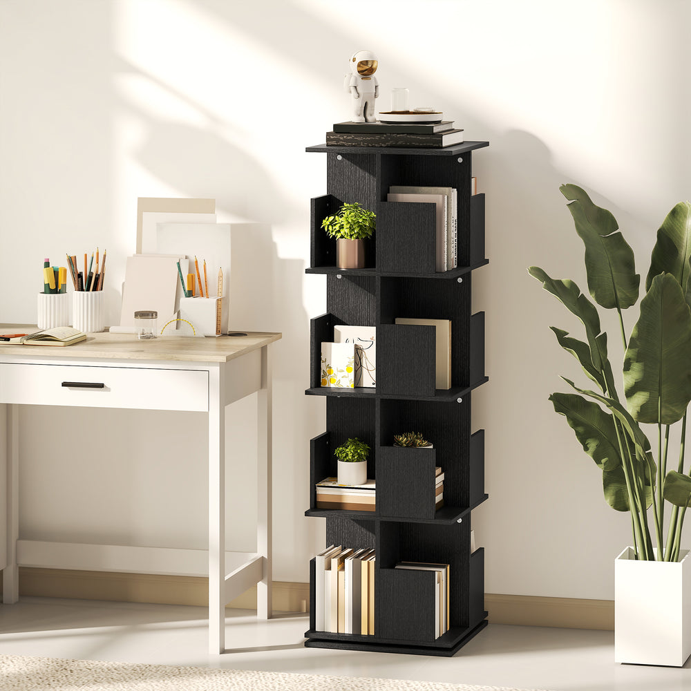 4-Tier 360° Rotating Bookcase with 16 Compartments, Black Wood Grain