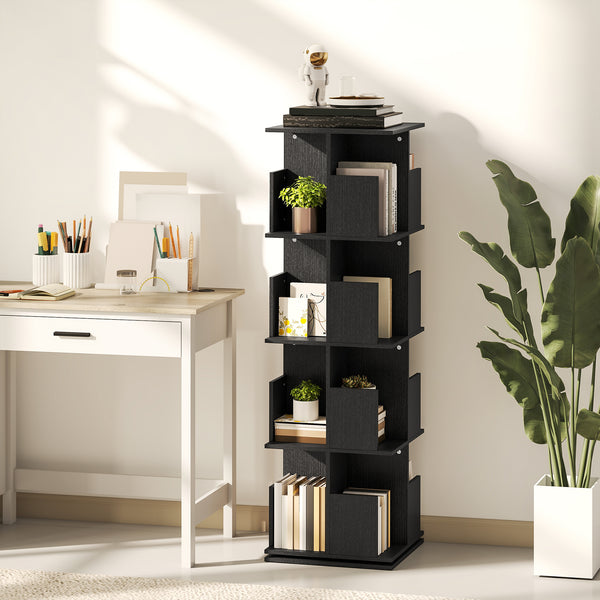 4-Tier 360° Rotating Bookcase with 16 Compartments, Black Wood Grain