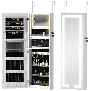 Jewelry cabinet with LED lighting and mirror, wall mounted, white