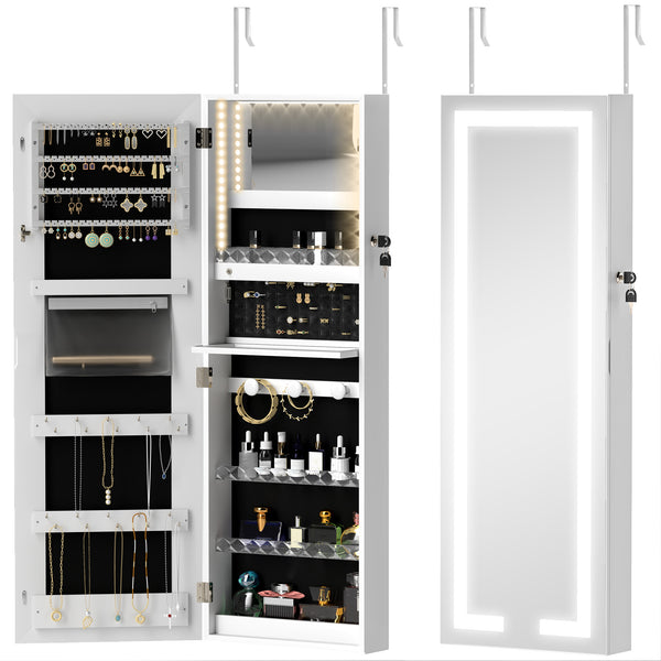 Jewelry cabinet with LED lighting and mirror, wall mounted, white