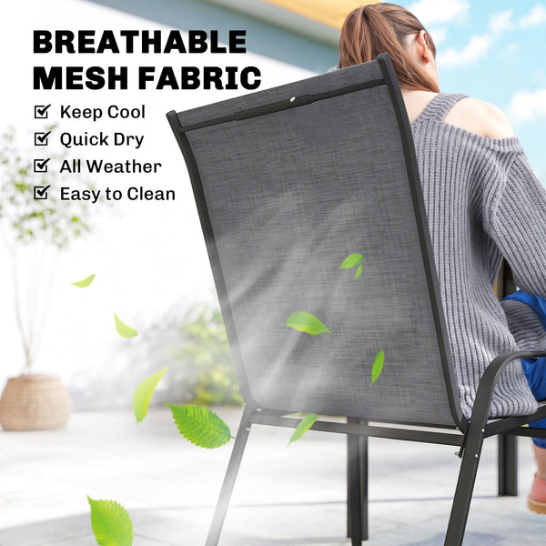 6-seater outdoor dining set, mesh stacking chairs with parasol hole, grey