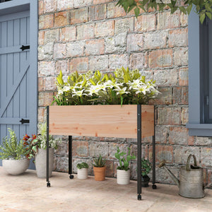 Raised wooden planter with casters, metal legs, drainage holes and planter liner
