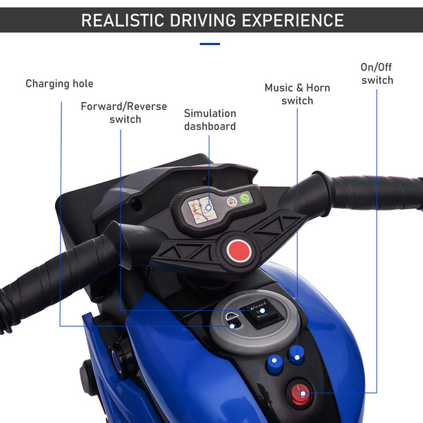 6V electric motorcycle with musical horn and headlights, blue
