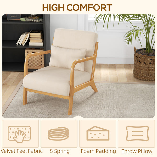 Fabric lounge chair with wooden legs and thick padding, beige