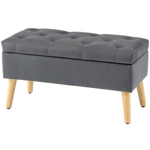 Storage ottoman with velvet upholstered lid and wooden legs, anthracite grey