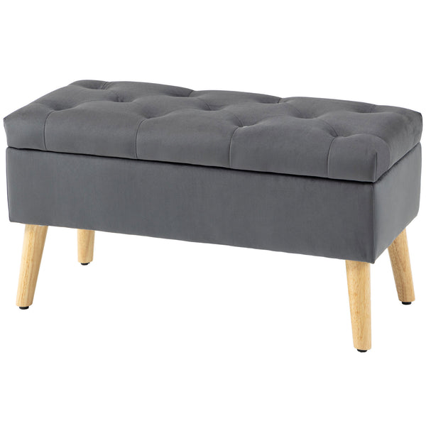 Storage ottoman with velvet upholstered lid and wooden legs, anthracite grey