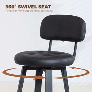 Set of 2 upholstered bar stools with footrest and backrest for kitchen counter, black
