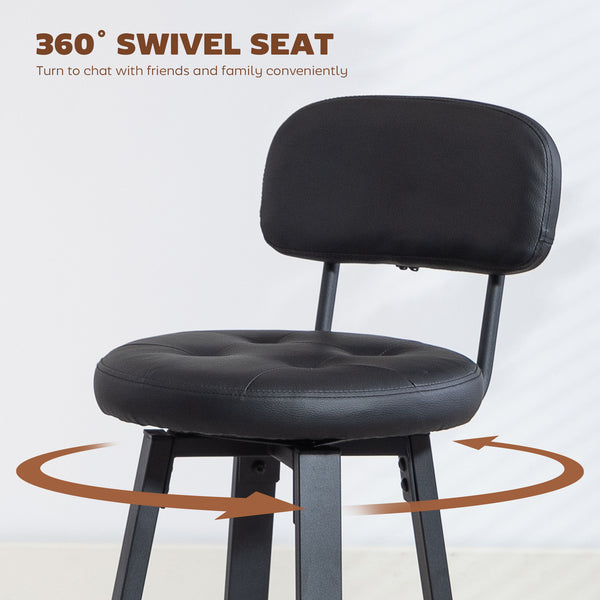 Set of 2 upholstered bar stools with footrest and backrest for kitchen counter, black