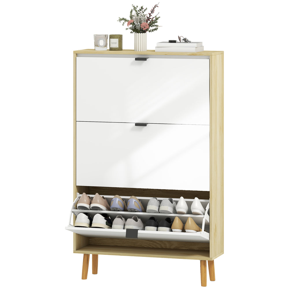 Narrow shoe cabinet, high-gloss finish, with 3 drop-down drawers and adjustable shelves, for 24 pairs, white