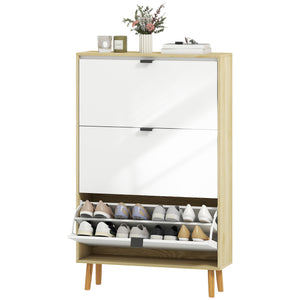 Narrow shoe cabinet, high-gloss finish, with 3 drop-down drawers and adjustable shelves, for 24 pairs, white