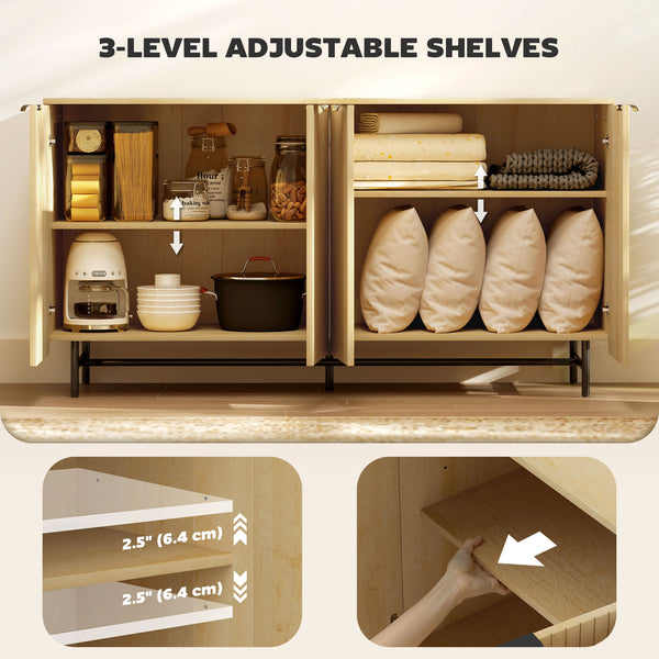 Fluted Sideboard with Adjustable Shelves, 5 Metal Legs for Kitchen and Living Room, Natural Wood