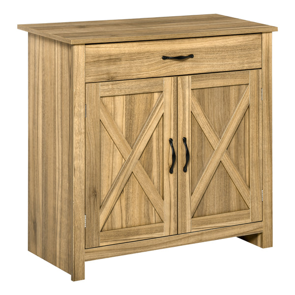 Farmhouse style sideboard with barn-style sliding doors, aged brown
