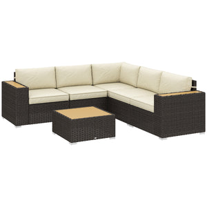 6 Piece Rattan Garden Furniture Set with Corner Sofa, Coffee Table, Wood and Plastic, Light Khaki