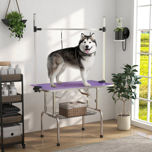 Adjustable Dog Grooming Table with 2 Safety Straps and Storage Basket, Purple