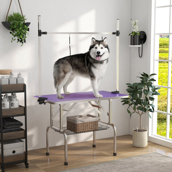 Adjustable Dog Grooming Table with 2 Safety Straps and Storage Basket, Purple
