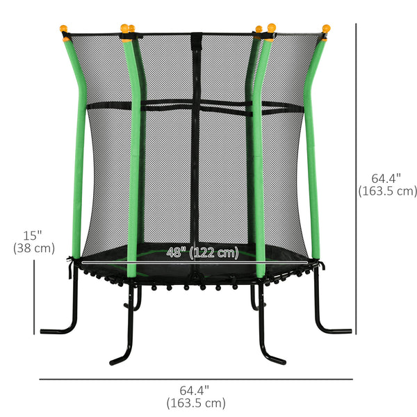 64" Kids Indoor/Outdoor Trampoline with Enclosure Net, Thick Padded Elastic Pole, for Ages 3-10, Green