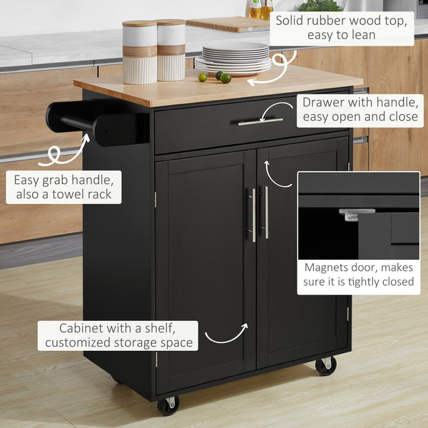 Rolling kitchen cart with wooden top, black