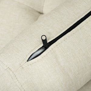 2 seater upholstered sofa with back cushions and pillows, beige