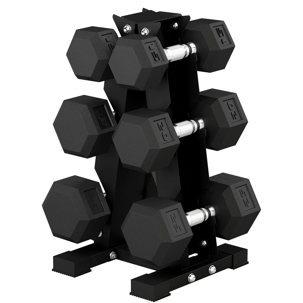 Set of 6 hexagonal dumbbells with A-frame rack, 15 to 25 lbs – Black