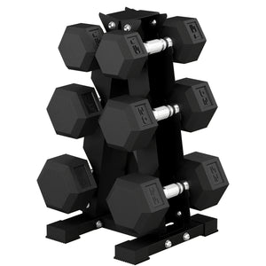 Set of 6 hexagonal dumbbells with A-frame rack, 15 to 25 lbs – Black