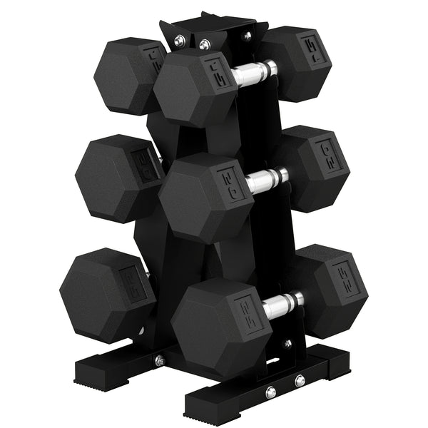 Set of 6 hexagonal dumbbells with A-frame rack, 15 to 25 lbs – Black