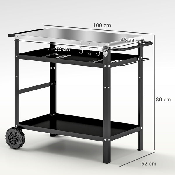 BBQ Stand with Stainless Steel Top Adjustable Shelf, Outdoor BBQ Station with Hooks Seasoning Tray Towel Rack