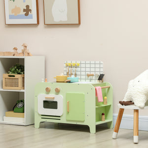 Children's kitchen with 15 accessories, microwave oven, cupboards, green