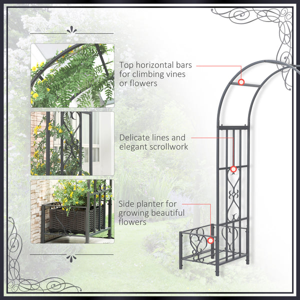 Metal garden arch with 2 planters, dark grey