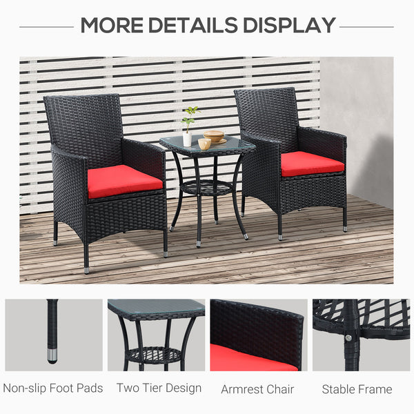3 Pieces Wicker Patio Furniture Set, Rattan Bistro Set with Glass Top Coffee Table and Cushions, Outdoor Conversation Set for Garden, Porch, Balcony, Red