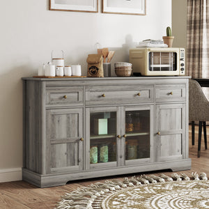 Sideboard with glass doors and adjustable shelves, patinated gray oak