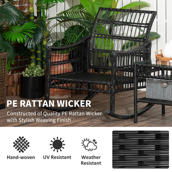 Bistro set with 2 PE rattan rocking chairs and a tempered glass table