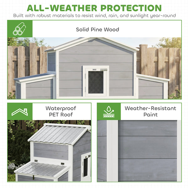 Wooden chicken coop with 2 nesting boxes, a pull-out tray, and a ramp