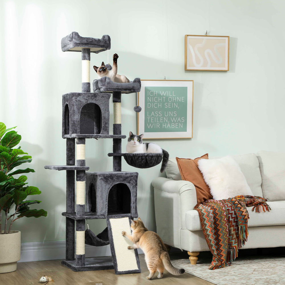 178cm Multi-Level Cat Tree with 2 Cabins, 2 Perches, Hammock, Play Balls, Dark Grey