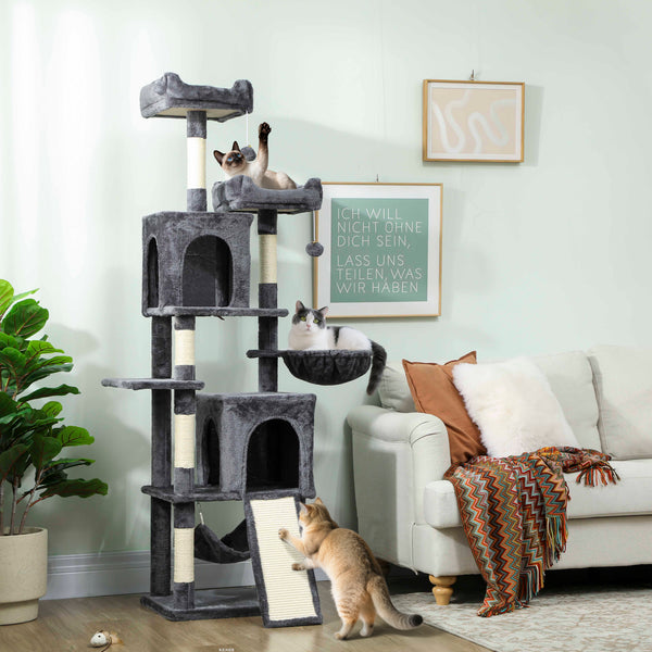 178cm Multi-Level Cat Tree with 2 Cabins, 2 Perches, Hammock, Play Balls, Dark Grey