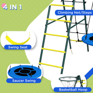 4-in-1 module with saucer swing, seat, climbing ladder/net and basketball hoop