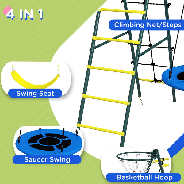4-in-1 module with saucer swing, seat, climbing ladder/net and basketball hoop