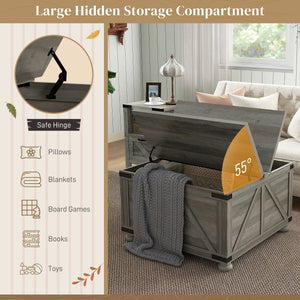 Farmhouse style coffee table with hinged lids, distressed gray