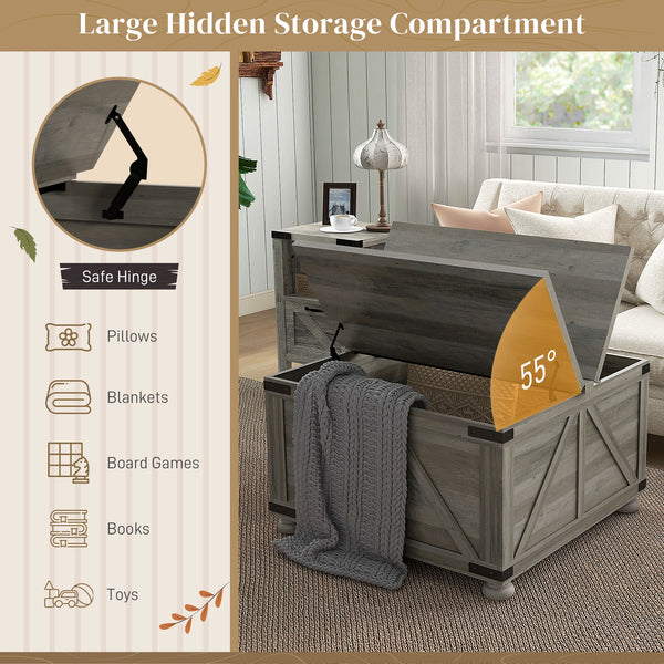 Farmhouse style coffee table with hinged lids, distressed gray