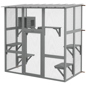 Cat enclosure with window, waterproof roof, bridge, resting niche and platforms, grey