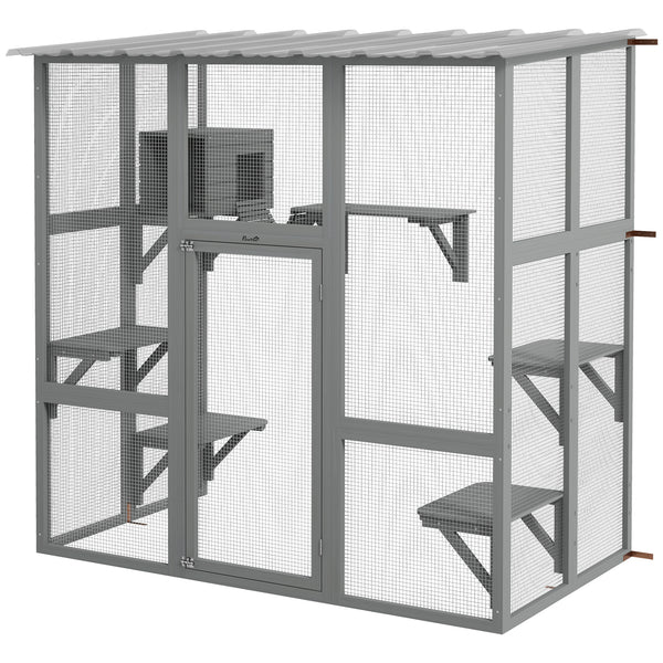 Cat enclosure with window, waterproof roof, bridge, resting niche and platforms, grey