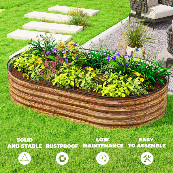 Raised outdoor planter in galvanized steel with metal support, brown wood look