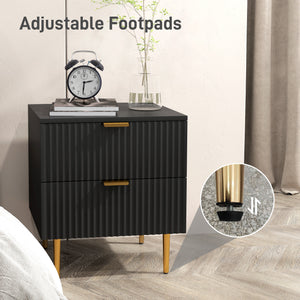 Modern bedside table with 2 fluted drawers and gold handles – Black