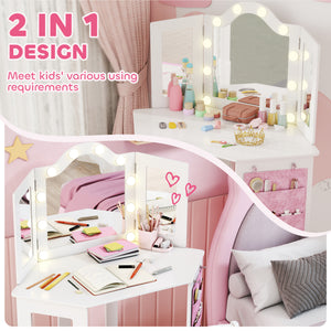 Dressing table and chairs set with lighting, tri-fold mirror, white