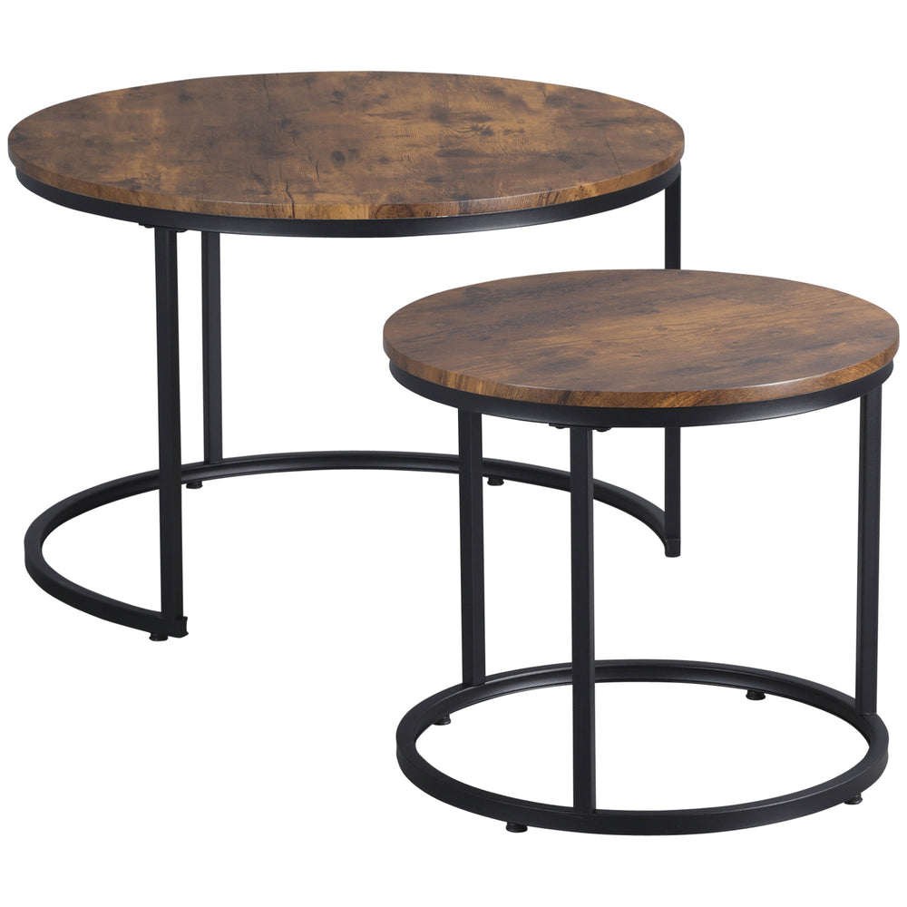Set of 2 round coffee tables with metal base, rustic brown