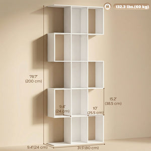 S-shaped 5-tier bookcase with 15 compartments, white wood look