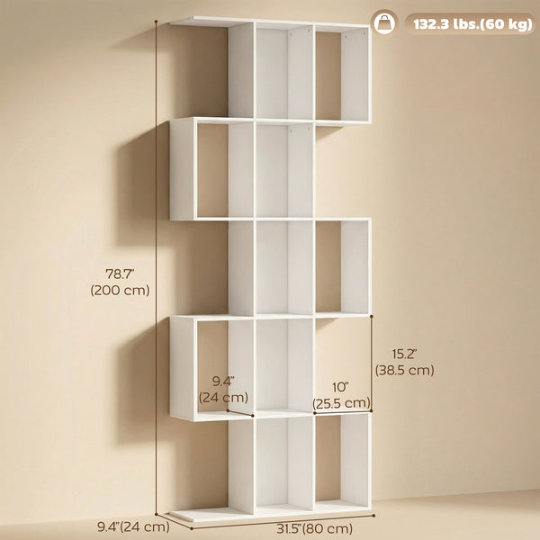 S-shaped 5-tier bookcase with 15 compartments, white wood look
