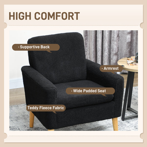 Fabric accent chair with wooden legs and wide padded seat, black