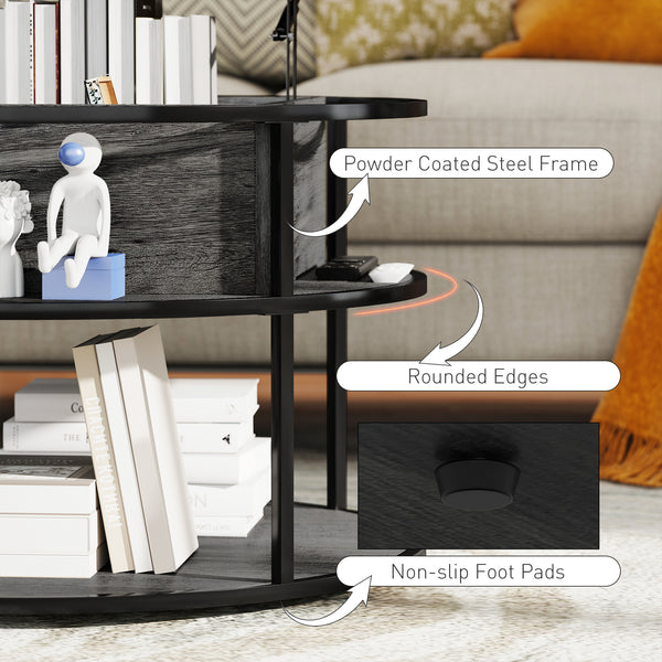 Round coffee table with storage shelf, aged dark gray