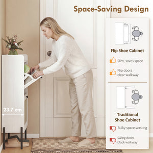 Bohemian style narrow shoe cabinet with 2 tilt-out drawers, white